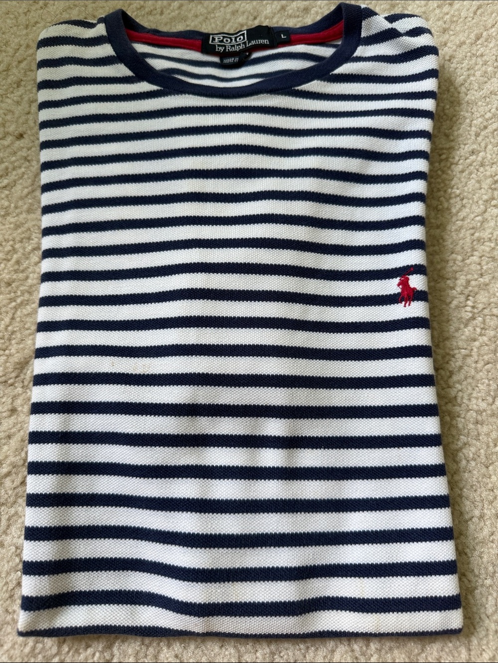 Polo by Ralph Lauren Men Navy & White Stripe Top with Red Logo size L 100%cotton
